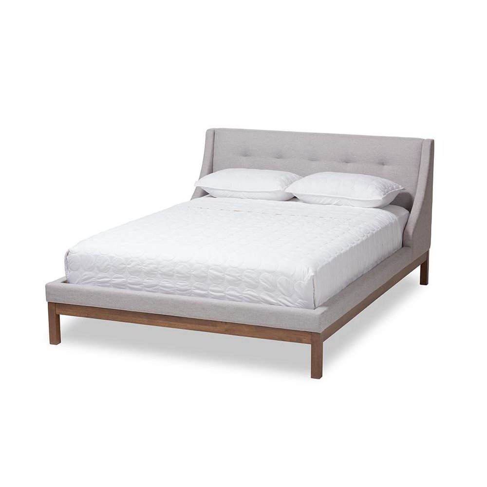 Greyish Beige Fabric Upholstered Walnut-Finished Full Sized Platform Bed. Picture 1