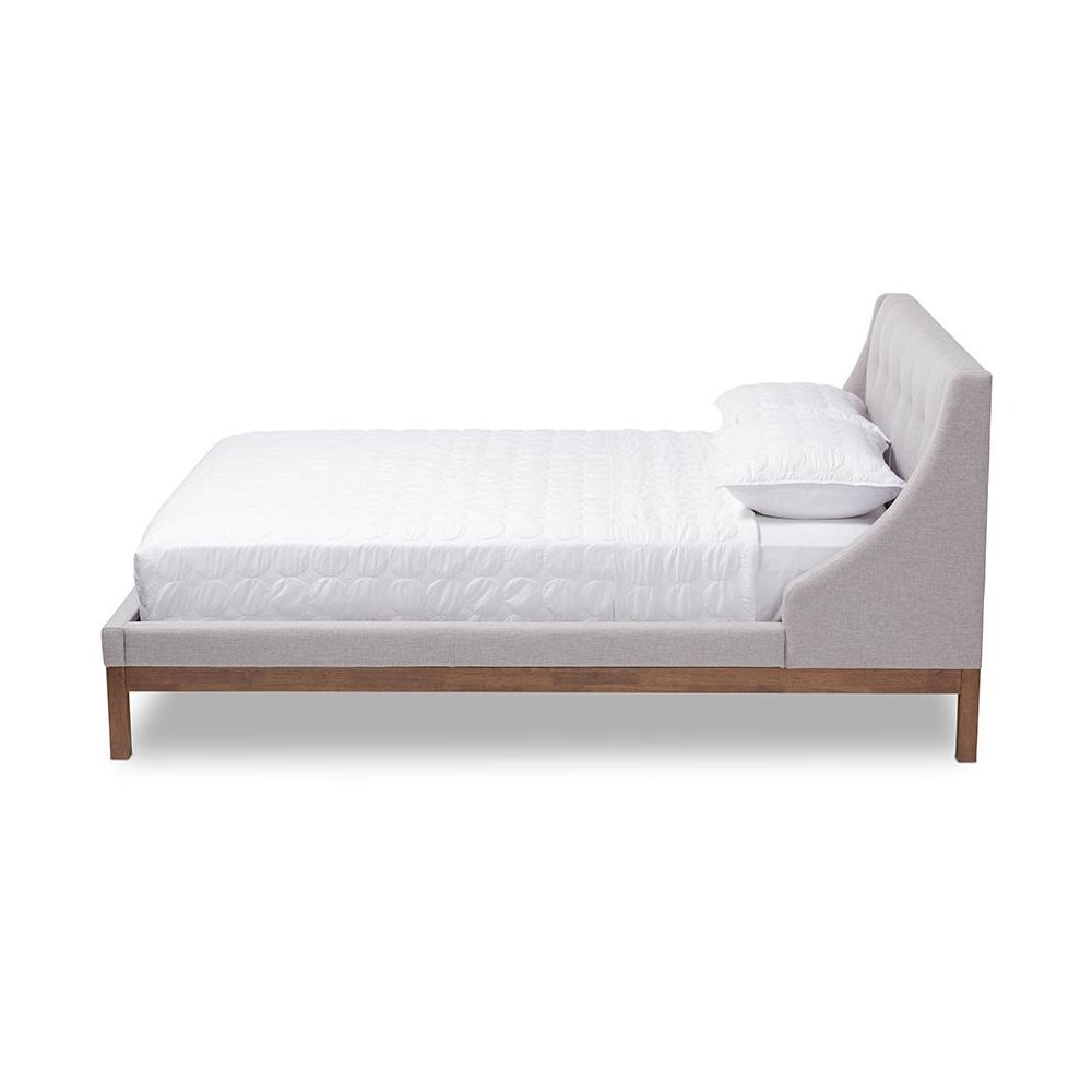 Greyish Beige Fabric Upholstered Walnut-Finished Full Sized Platform Bed. Picture 2