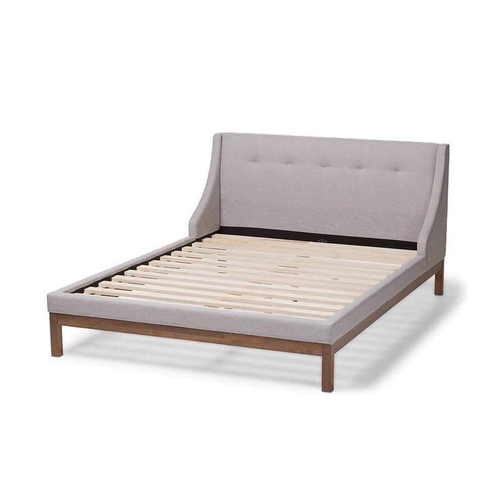 Greyish Beige Fabric Upholstered Walnut-Finished Full Sized Platform Bed. Picture 3