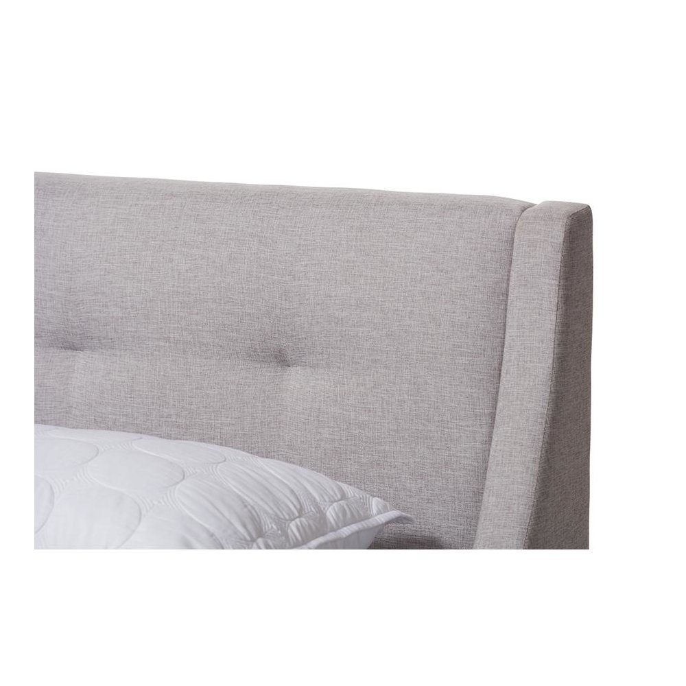 Greyish Beige Fabric Upholstered Walnut-Finished Full Sized Platform Bed. Picture 4