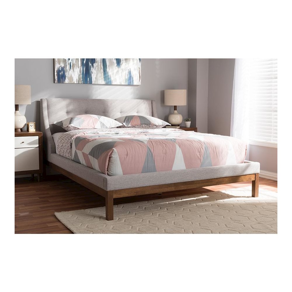 Greyish Beige Fabric Upholstered Walnut-Finished Full Sized Platform Bed. Picture 6