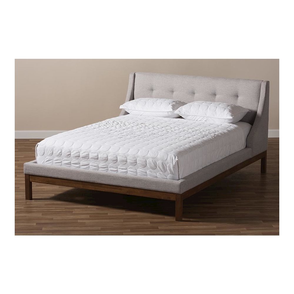 Greyish Beige Fabric Upholstered Walnut-Finished Full Sized Platform Bed. Picture 7