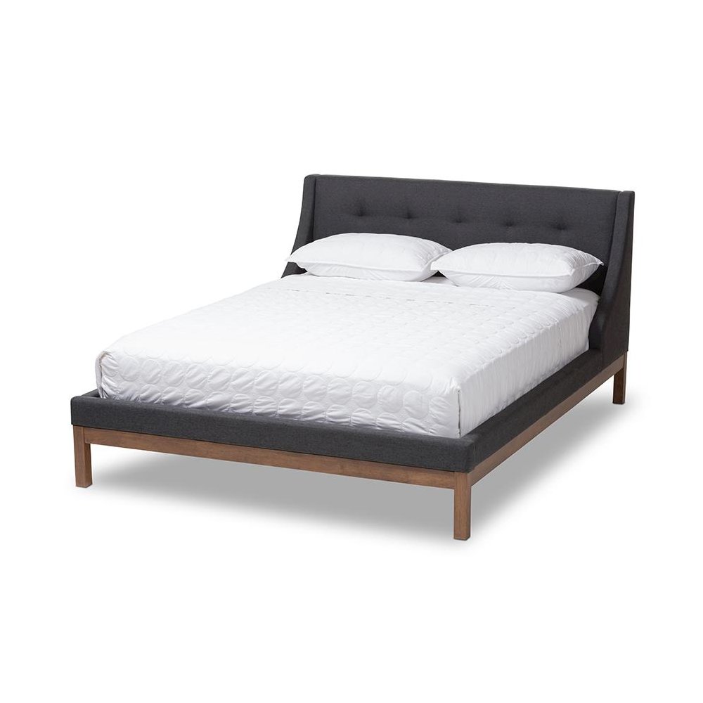 Dark Grey Fabric Upholstered Walnut-Finished Full Sized Platform Bed. Picture 1