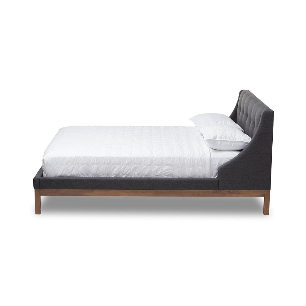 Dark Grey Fabric Upholstered Walnut-Finished Full Sized Platform Bed. Picture 2