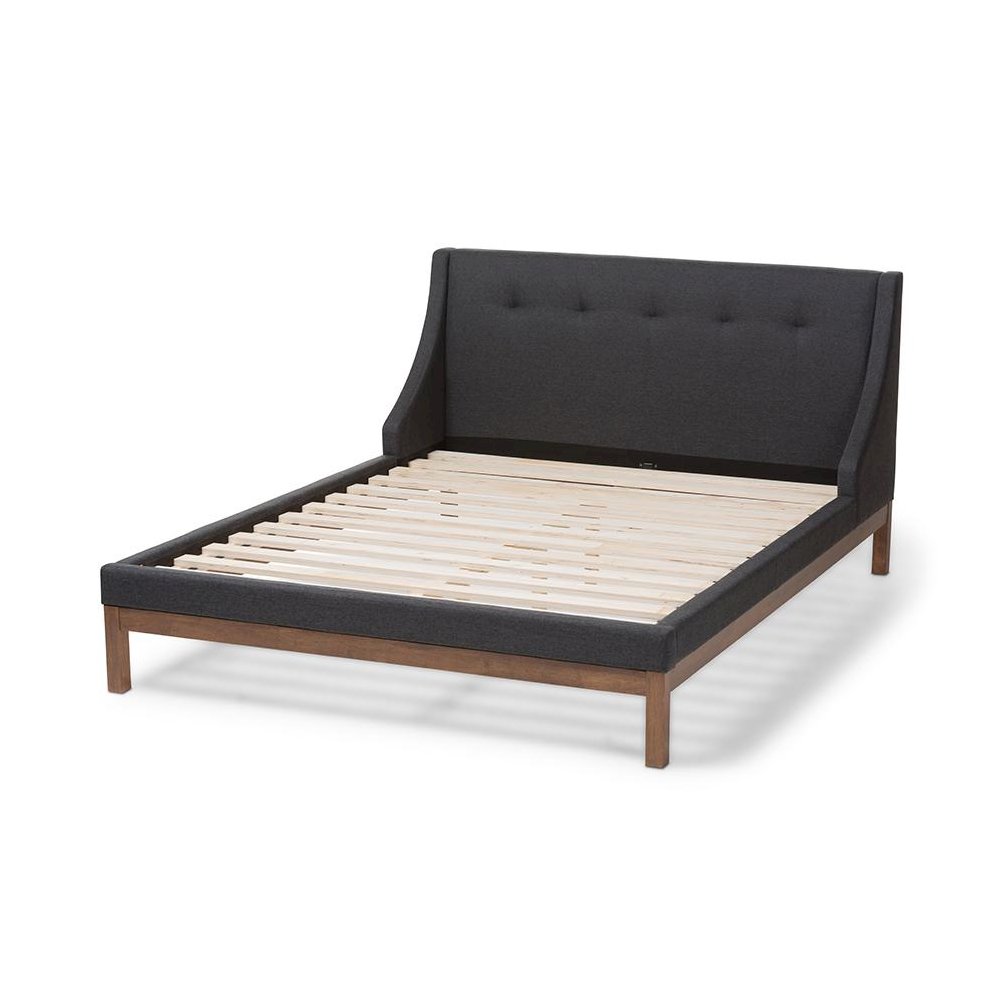 Dark Grey Fabric Upholstered Walnut-Finished Full Sized Platform Bed. Picture 3