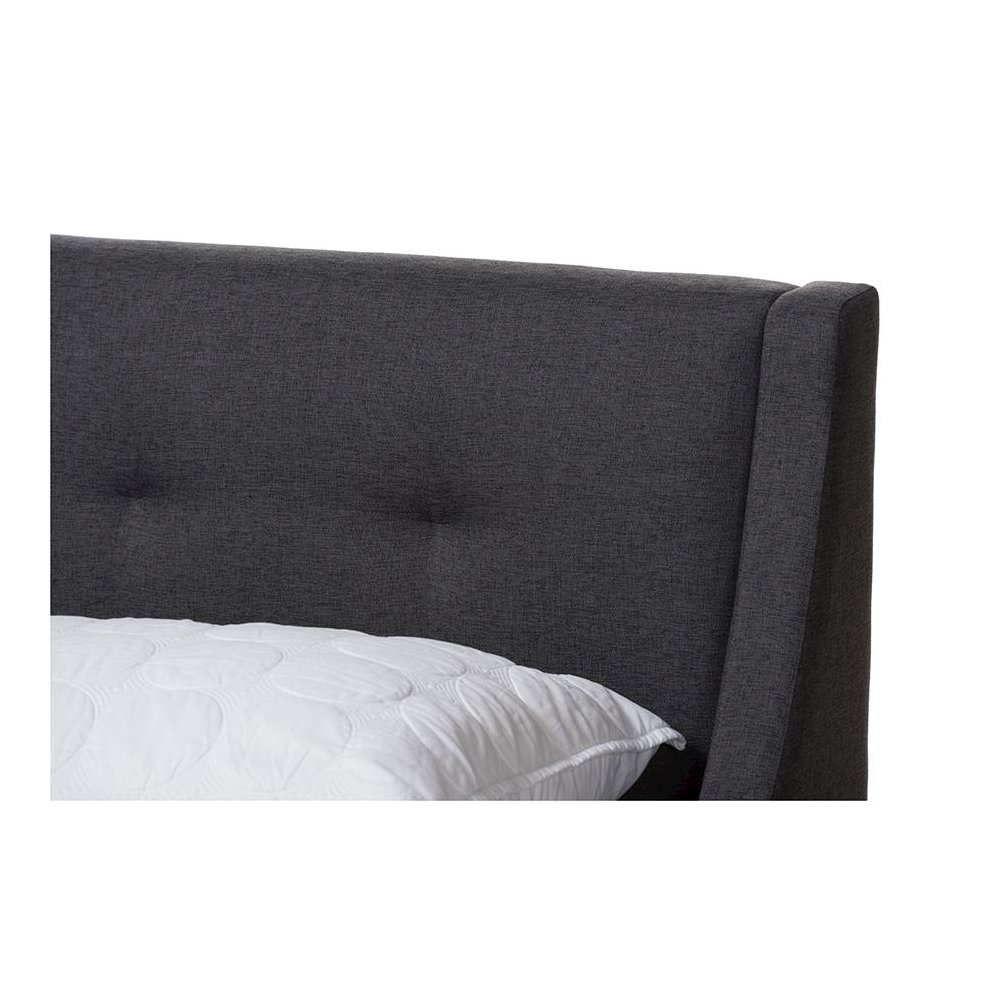 Dark Grey Fabric Upholstered Walnut-Finished Full Sized Platform Bed. Picture 4