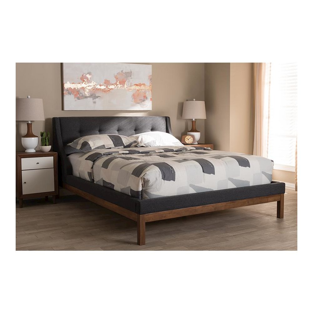 Dark Grey Fabric Upholstered Walnut-Finished Full Sized Platform Bed. Picture 6