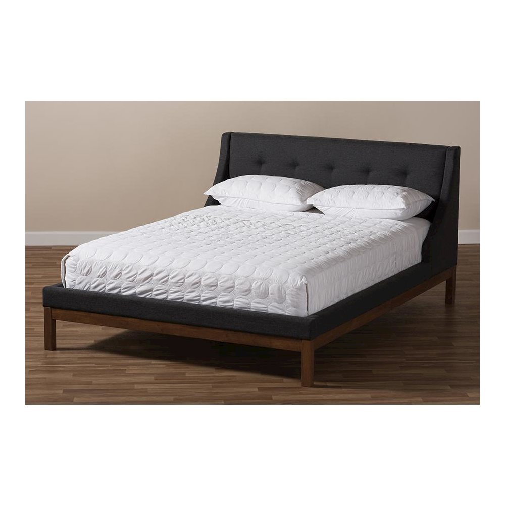 Dark Grey Fabric Upholstered Walnut-Finished Full Sized Platform Bed. Picture 7