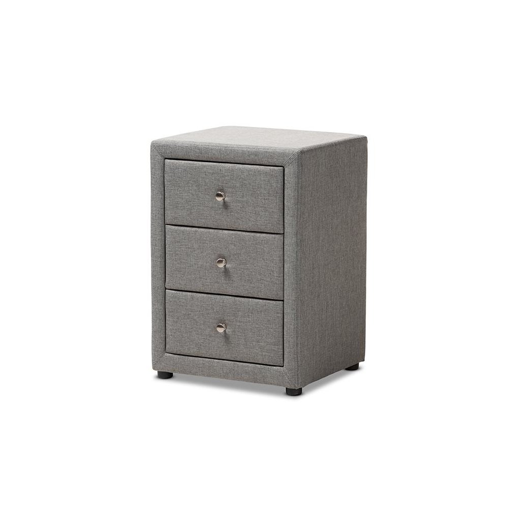 Tessa Modern and Contemporary Grey Fabric Upholstered 3-Drawer Nightstand. Picture 1