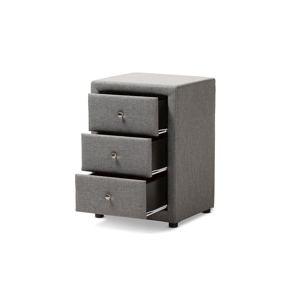 Tessa Modern and Contemporary Grey Fabric Upholstered 3-Drawer Nightstand. Picture 2