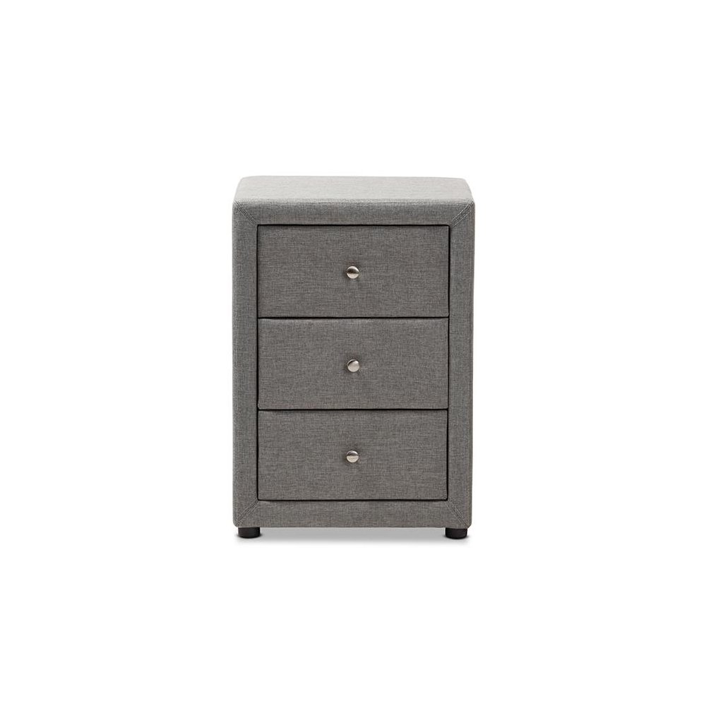 Tessa Modern and Contemporary Grey Fabric Upholstered 3-Drawer Nightstand. Picture 3