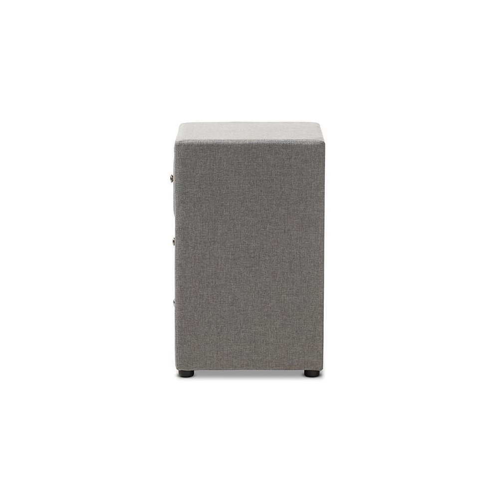 Tessa Modern and Contemporary Grey Fabric Upholstered 3-Drawer Nightstand. Picture 4