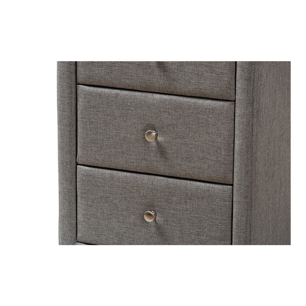 Tessa Modern and Contemporary Grey Fabric Upholstered 3-Drawer Nightstand. Picture 5