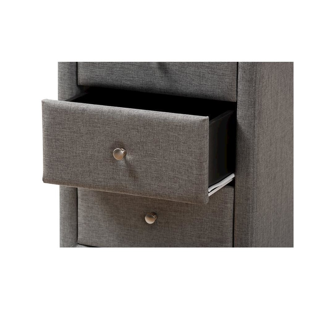 Tessa Modern and Contemporary Grey Fabric Upholstered 3-Drawer Nightstand. Picture 6
