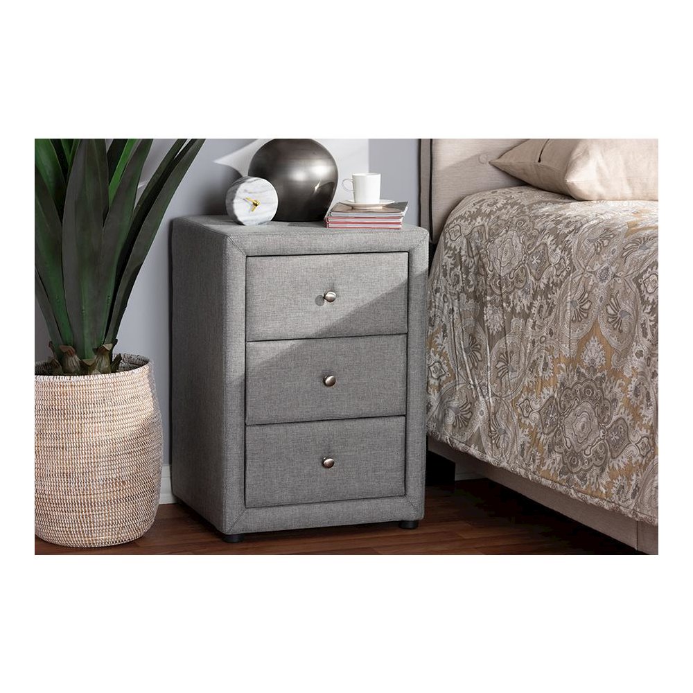 Tessa Modern and Contemporary Grey Fabric Upholstered 3-Drawer Nightstand. Picture 7