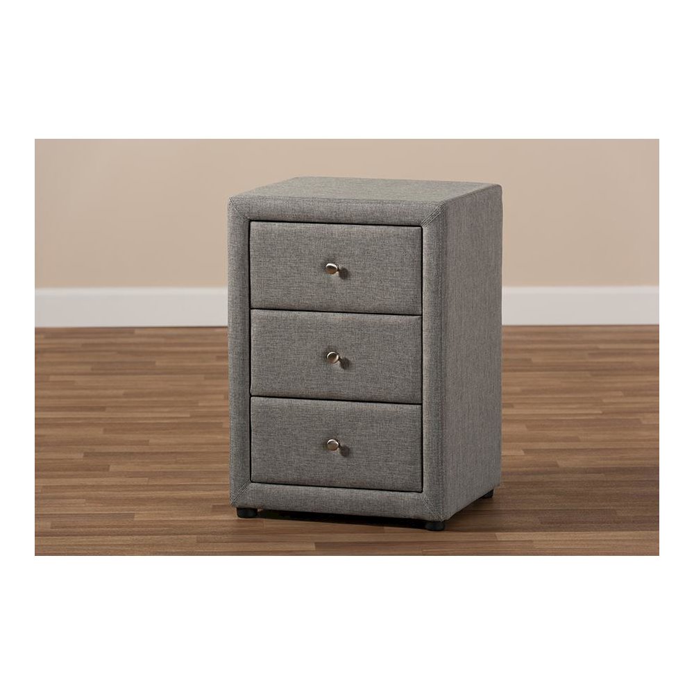 Tessa Modern and Contemporary Grey Fabric Upholstered 3-Drawer Nightstand. Picture 8