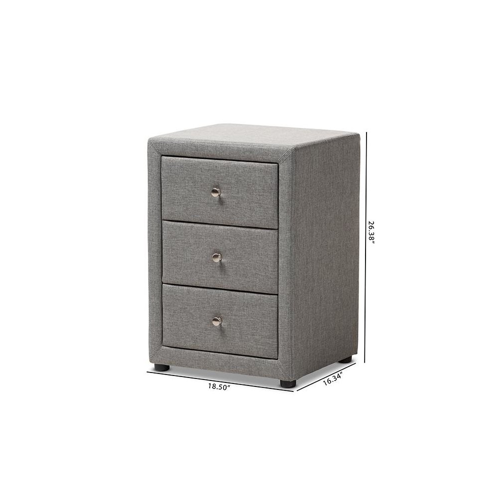 Tessa Modern and Contemporary Grey Fabric Upholstered 3-Drawer Nightstand. Picture 9