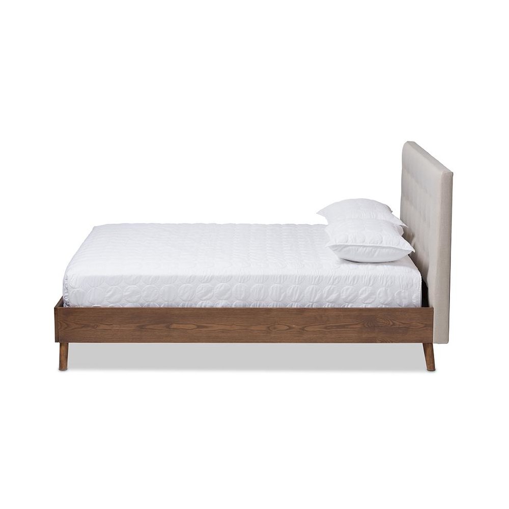 Light Beige Fabric Upholstered Walnut Wood King Size Platform Bed. Picture 2