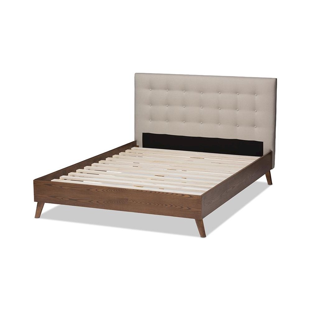 Light Beige Fabric Upholstered Walnut Wood King Size Platform Bed. Picture 3