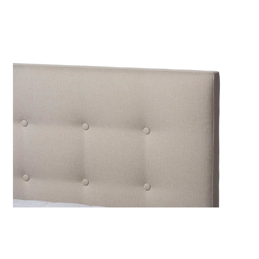 Light Beige Fabric Upholstered Walnut Wood King Size Platform Bed. Picture 4