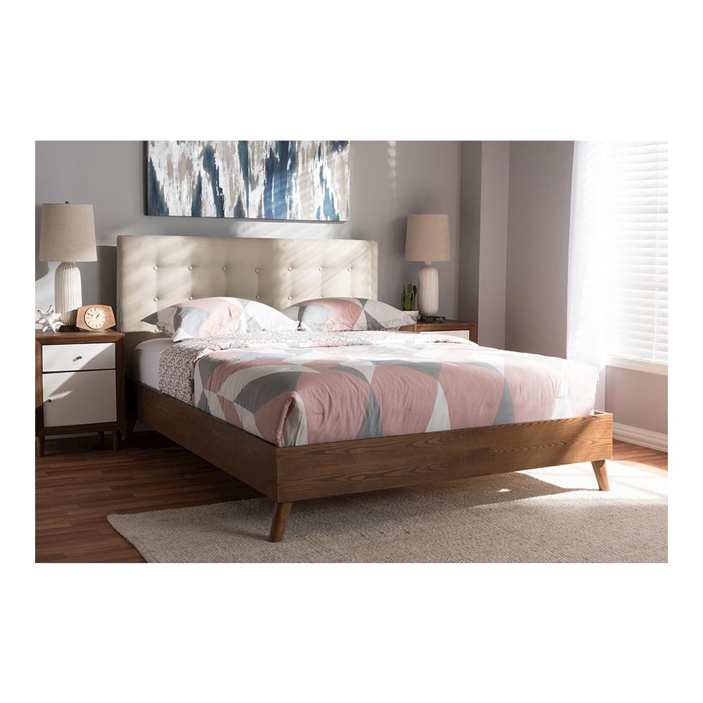 Light Beige Fabric Upholstered Walnut Wood King Size Platform Bed. Picture 6
