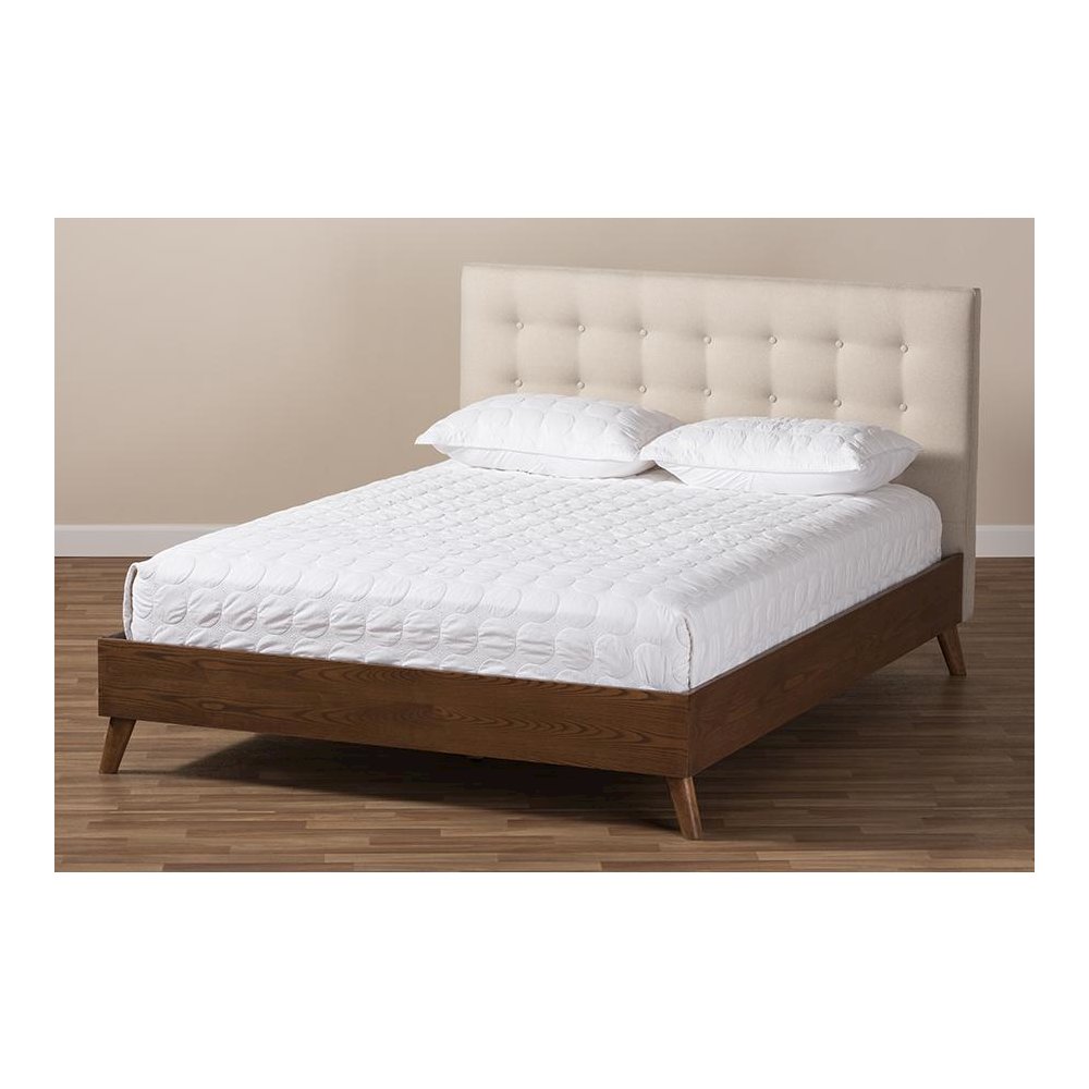 Light Beige Fabric Upholstered Walnut Wood King Size Platform Bed. Picture 7