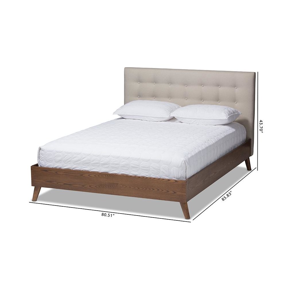 Light Beige Fabric Upholstered Walnut Wood King Size Platform Bed. Picture 8