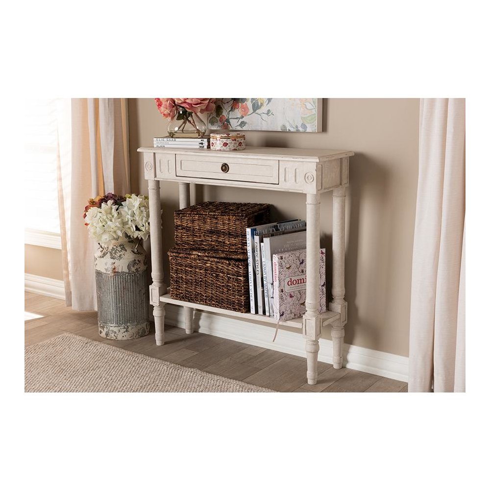Ariella Country Cottage Farmhouse Whitewashed 1-Drawer Console Table. Picture 10