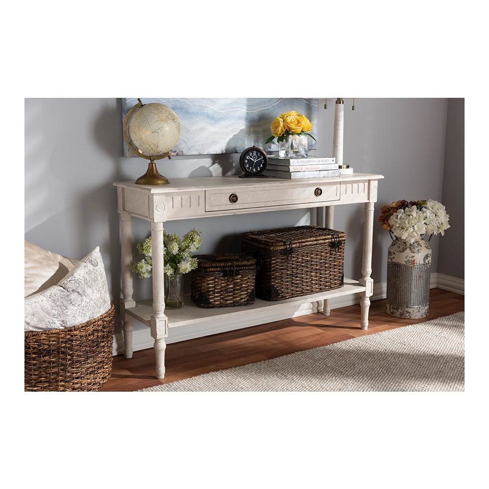 Ariella Country Cottage Farmhouse Whitewashed 1-Drawer Console Table. Picture 9