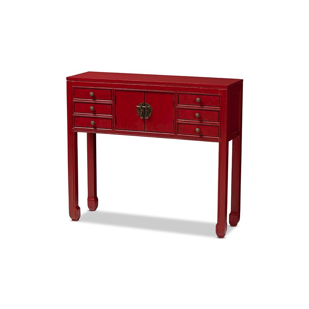 Antique Red Finished Wood Bronze Finished Accents 6-Drawer Console Table. Picture 1
