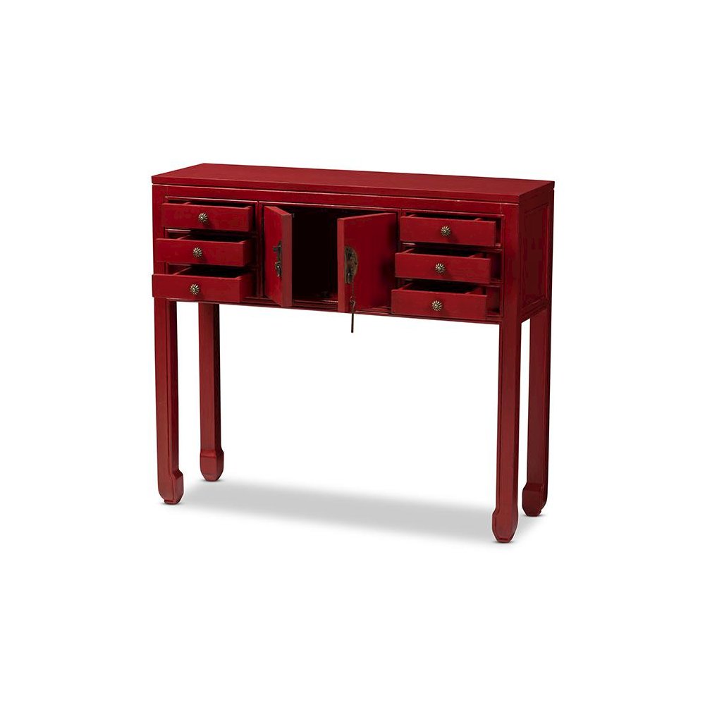 Antique Red Finished Wood Bronze Finished Accents 6-Drawer Console Table. Picture 2