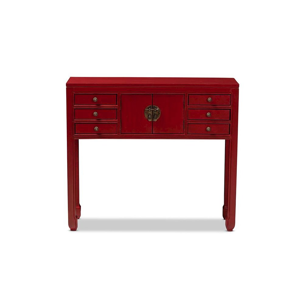 Antique Red Finished Wood Bronze Finished Accents 6-Drawer Console Table. Picture 3