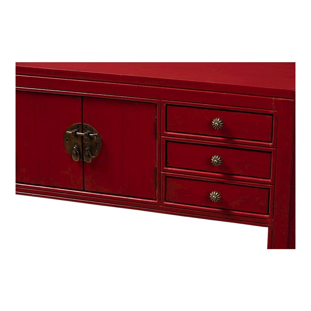 Antique Red Finished Wood Bronze Finished Accents 6-Drawer Console Table. Picture 6
