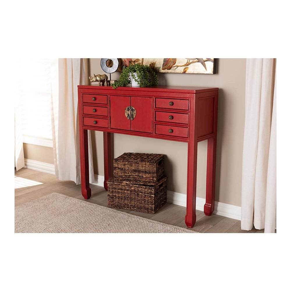 Antique Red Finished Wood Bronze Finished Accents 6-Drawer Console Table. Picture 8