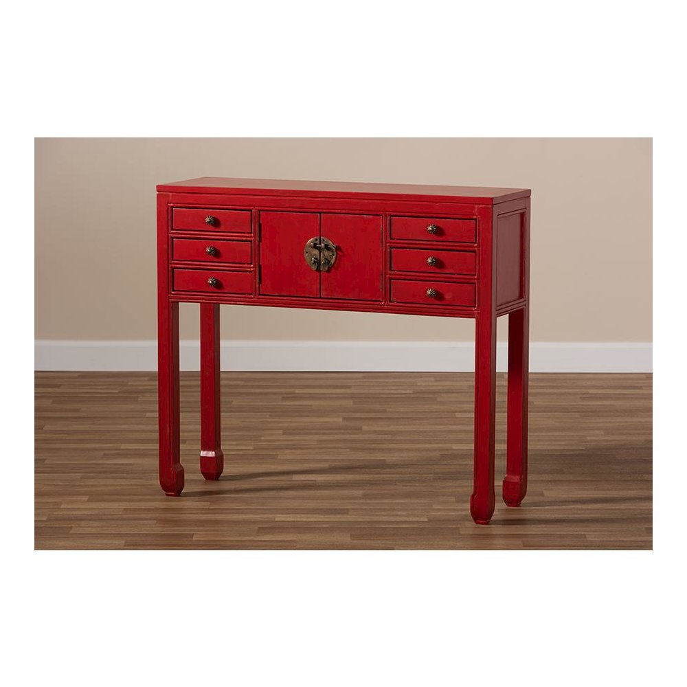 Antique Red Finished Wood Bronze Finished Accents 6-Drawer Console Table. Picture 9
