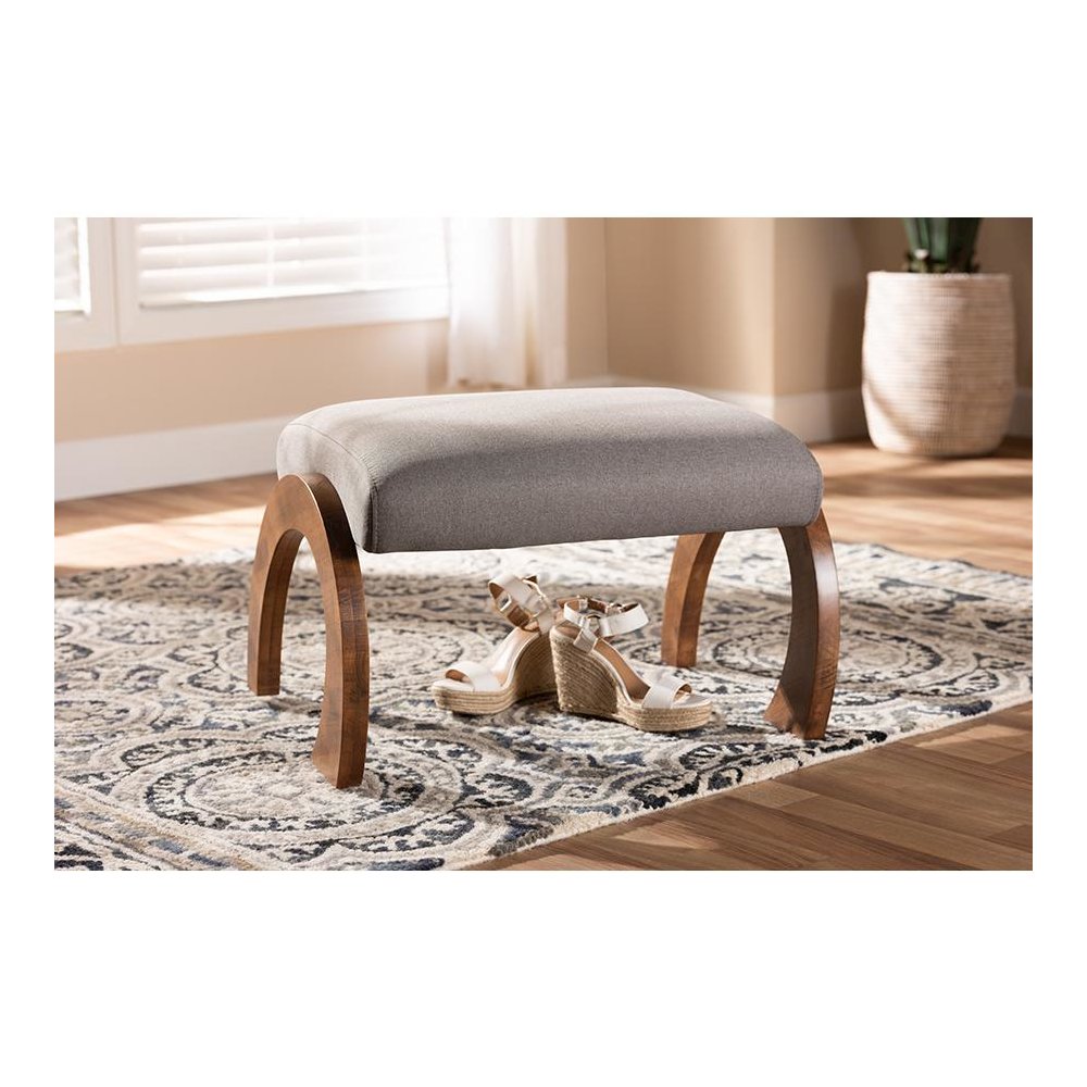 Grey Fabric Upholstered Walnut Brown Finished Wood Ottoman. Picture 5