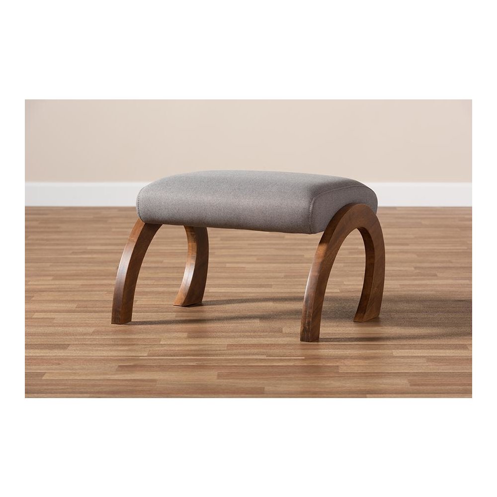Grey Fabric Upholstered Walnut Brown Finished Wood Ottoman. Picture 6