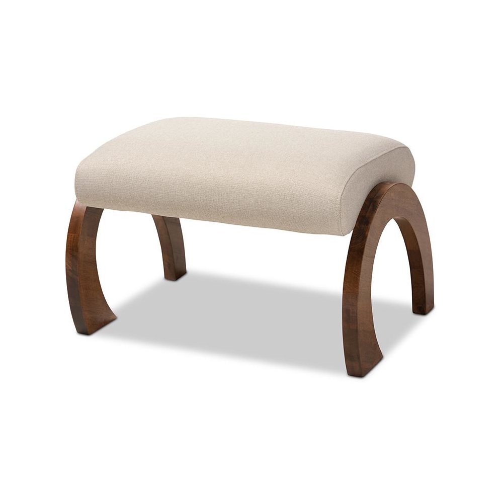 Light Beige Fabric Upholstered Walnut Brown Finished Wood Ottoman. Picture 1