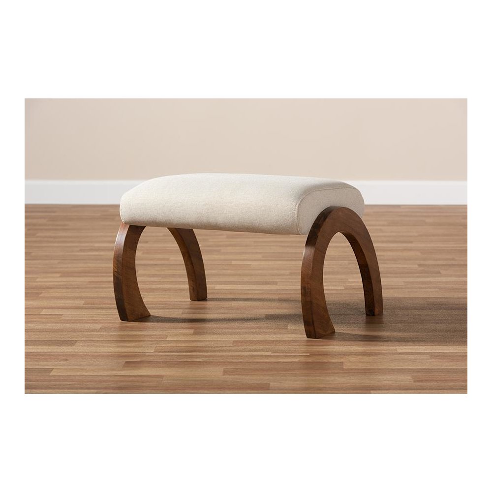 Light Beige Fabric Upholstered Walnut Brown Finished Wood Ottoman. Picture 6