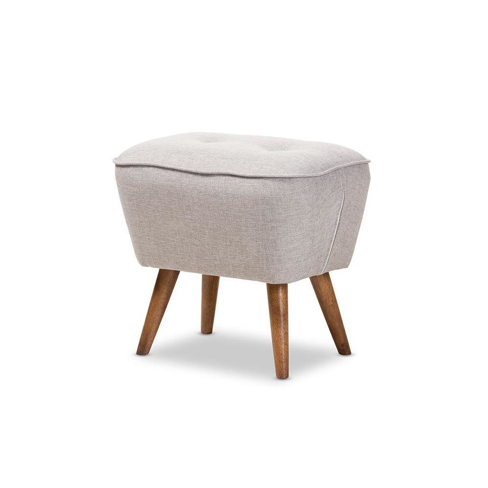 Greyish Beige Fabric Upholstered Walnut Brown Finished Wood Ottoman. Picture 1