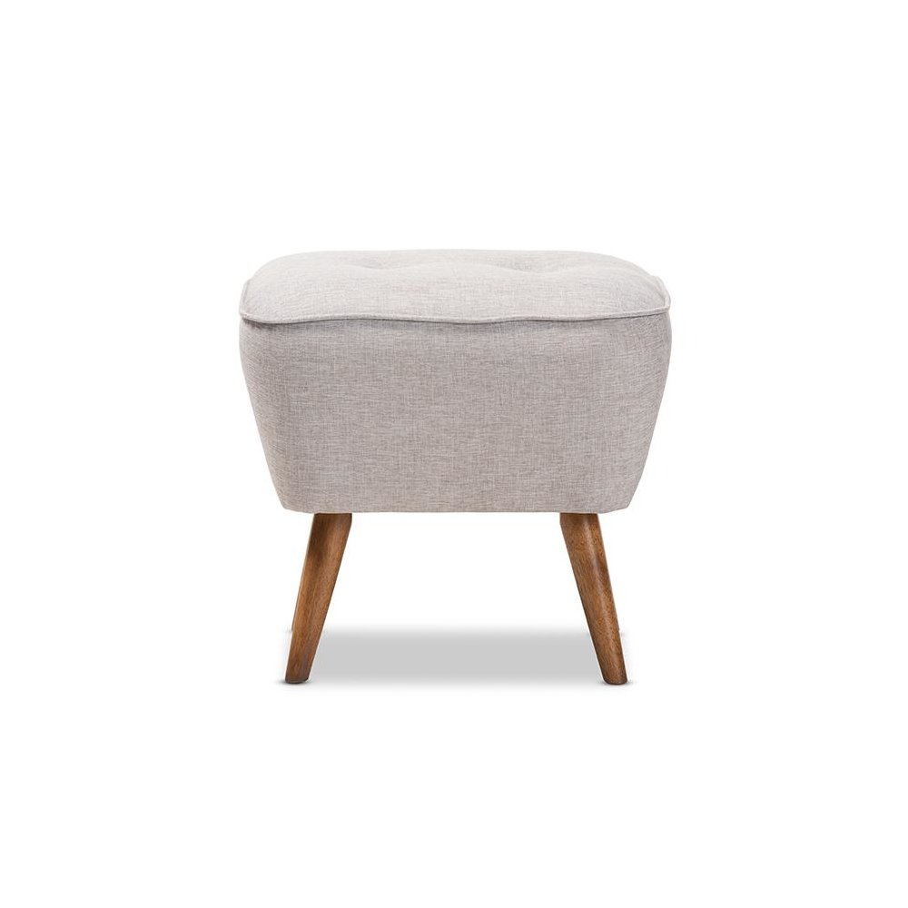 Greyish Beige Fabric Upholstered Walnut Brown Finished Wood Ottoman. Picture 2