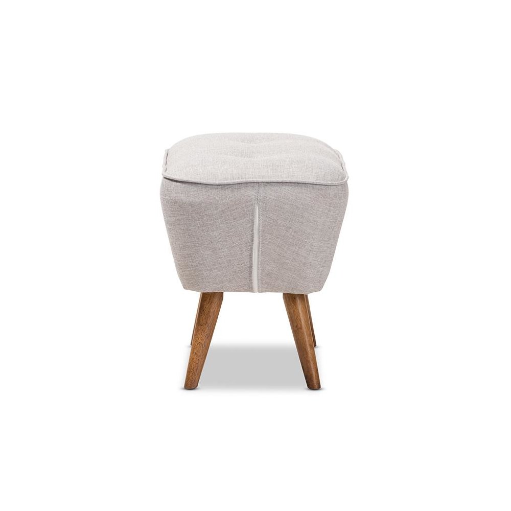 Greyish Beige Fabric Upholstered Walnut Brown Finished Wood Ottoman. Picture 3