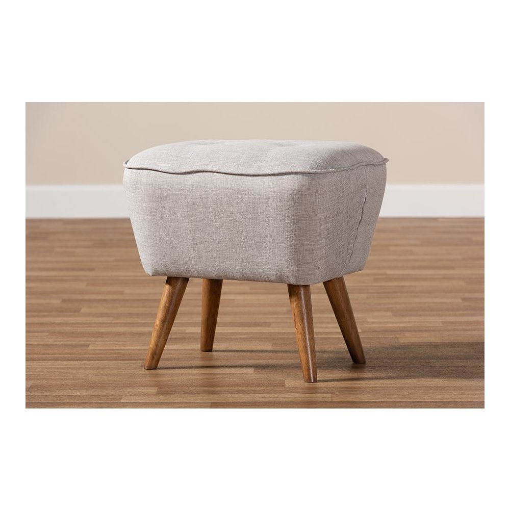 Greyish Beige Fabric Upholstered Walnut Brown Finished Wood Ottoman. Picture 6