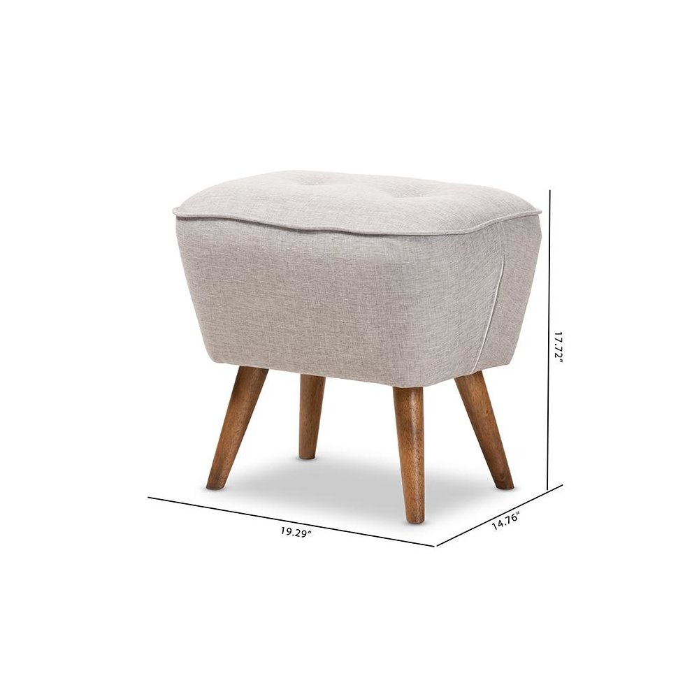 Greyish Beige Fabric Upholstered Walnut Brown Finished Wood Ottoman. Picture 7