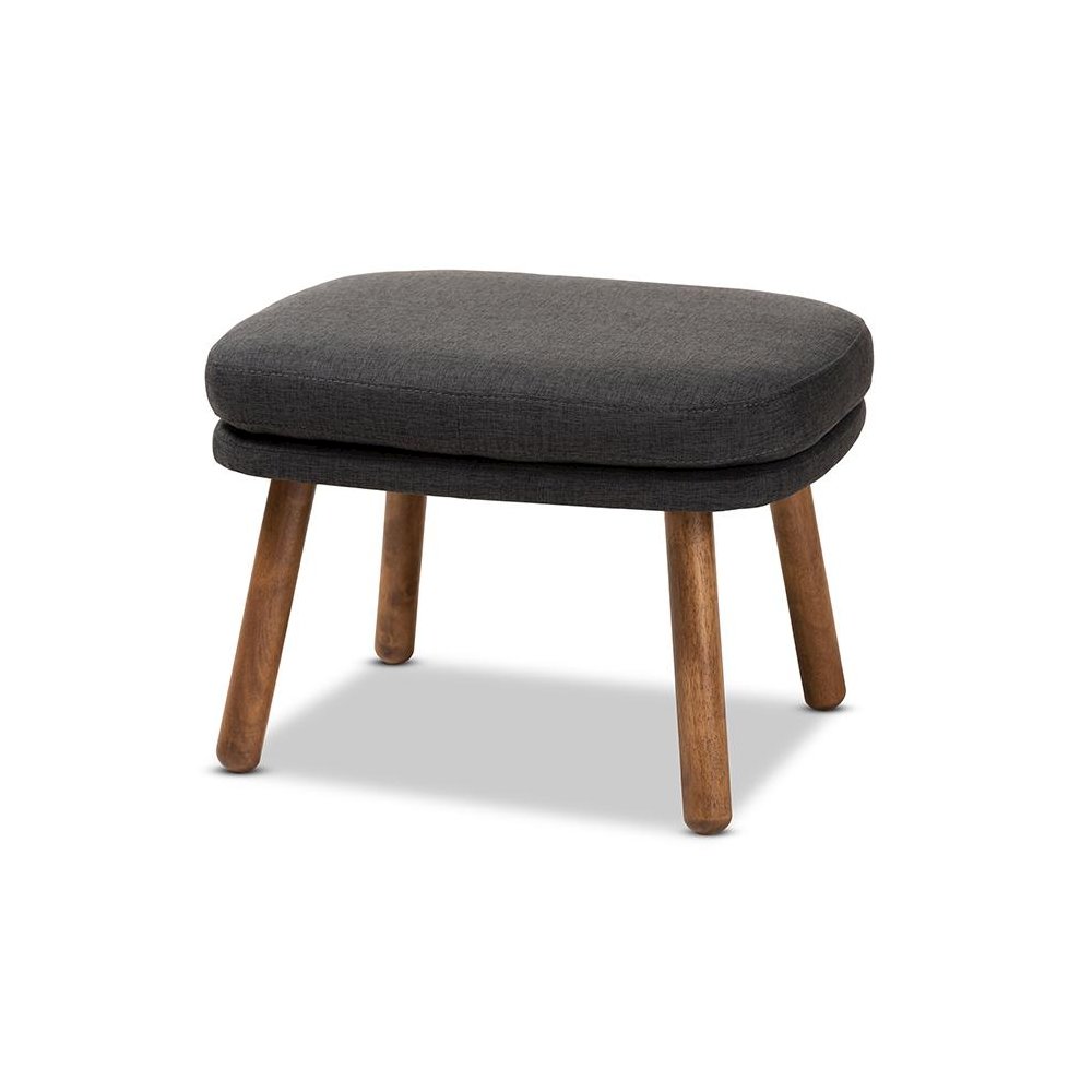 Dark Grey Fabric Upholstered Walnut Brown Finished Wood Ottoman. Picture 1