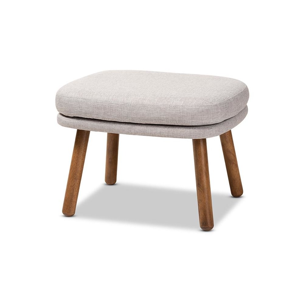 Greyish Beige Fabric Upholstered Walnut Brown Finished Wood Ottoman. Picture 1