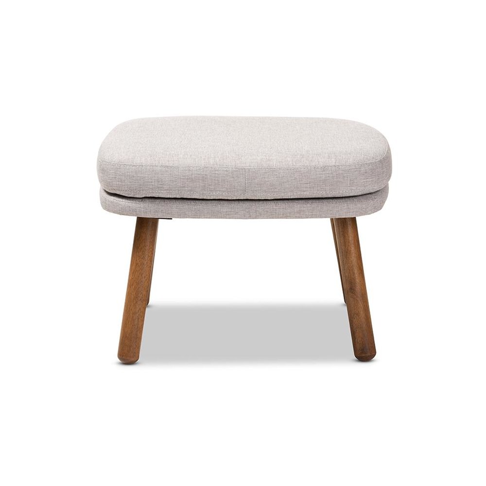 Greyish Beige Fabric Upholstered Walnut Brown Finished Wood Ottoman. Picture 2