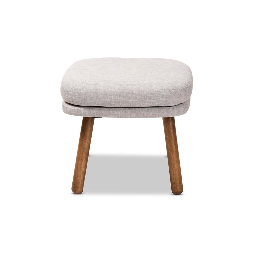 Greyish Beige Fabric Upholstered Walnut Brown Finished Wood Ottoman. Picture 3