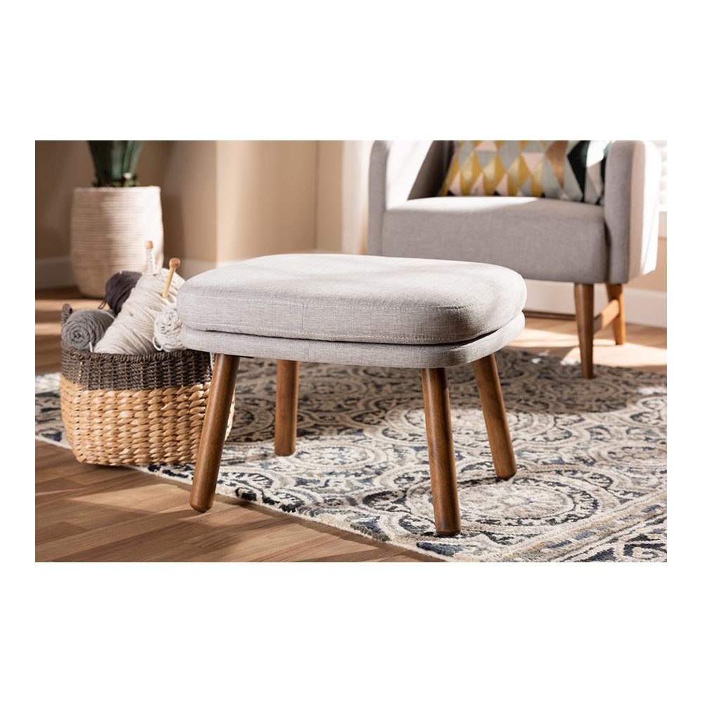 Greyish Beige Fabric Upholstered Walnut Brown Finished Wood Ottoman. Picture 5