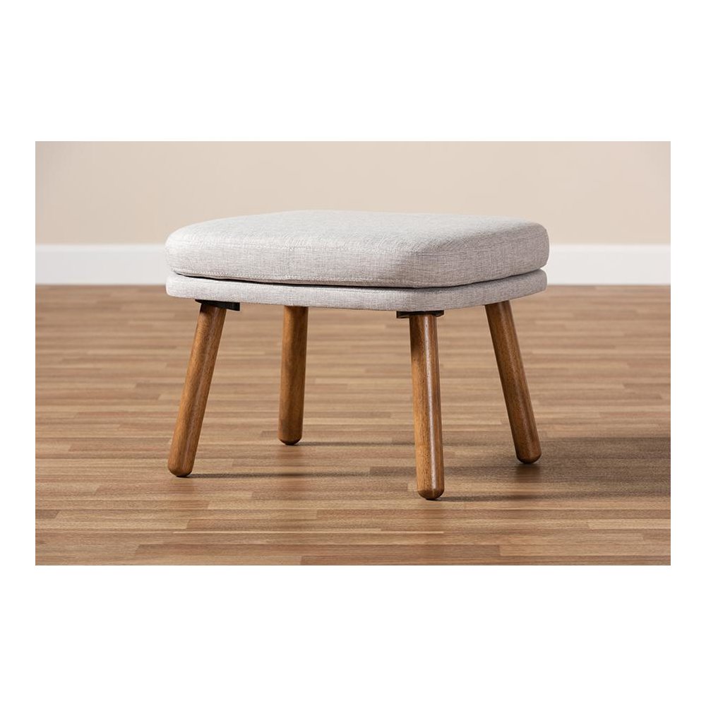 Greyish Beige Fabric Upholstered Walnut Brown Finished Wood Ottoman. Picture 6